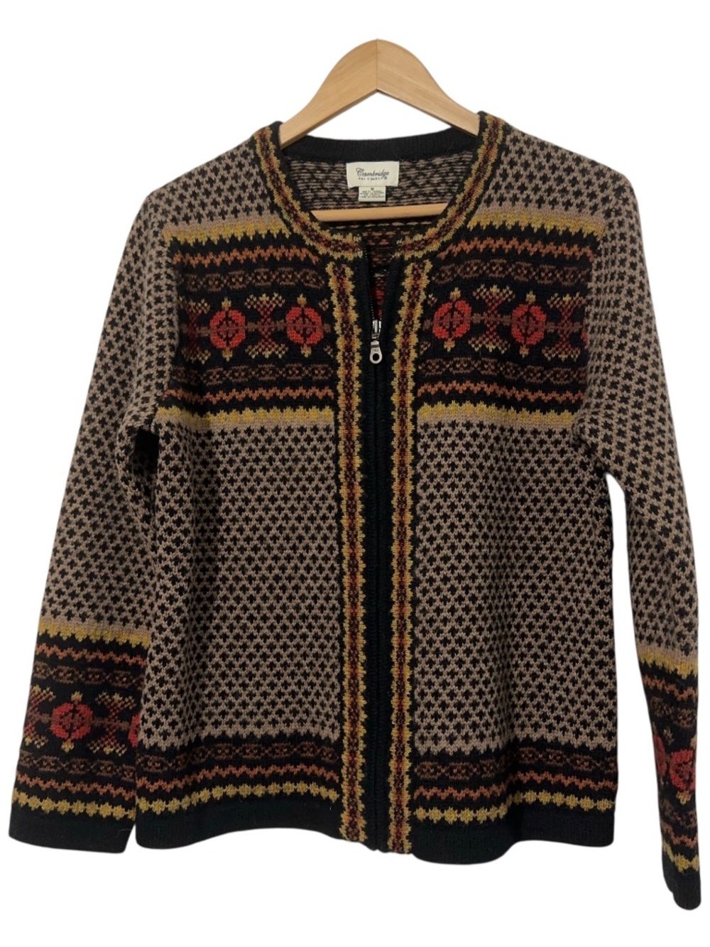 Cambridge Dry Goods Womens 100% Wool Fair Isle Full Zip Cardigan Sweater Sm